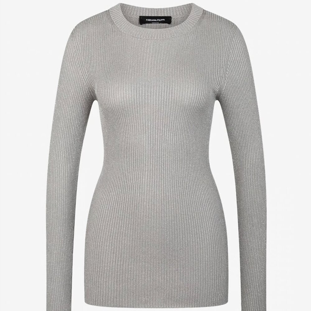 Fabiana Filippi Ribbed Long Sleeve Crewneck Cotton Jersey Top in Metallic Grey 2